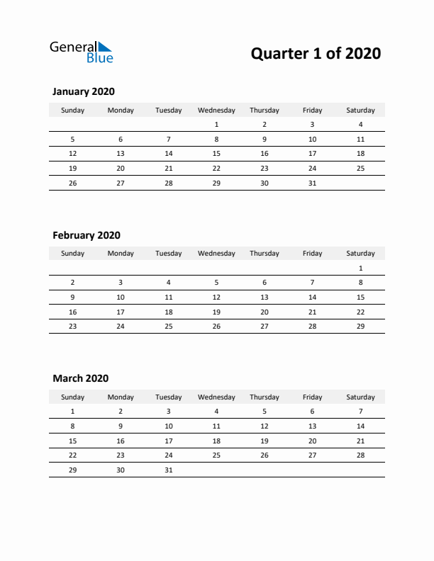 2020 Three-Month Calendar (Quarter 1)