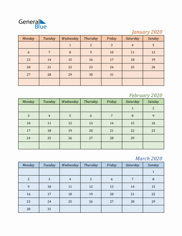 Three-Month Calendar for Year 2020 (January, February, and March)