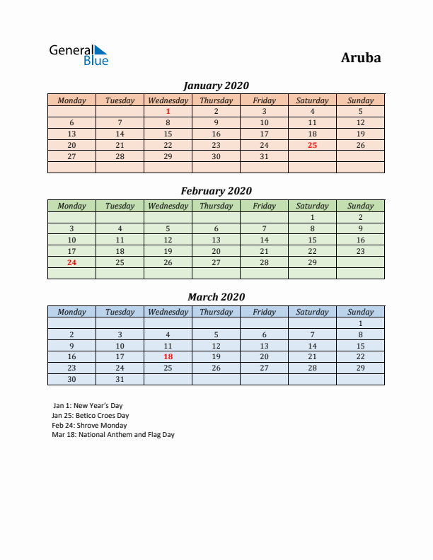 Q1 2020 Holiday Calendar - Aruba