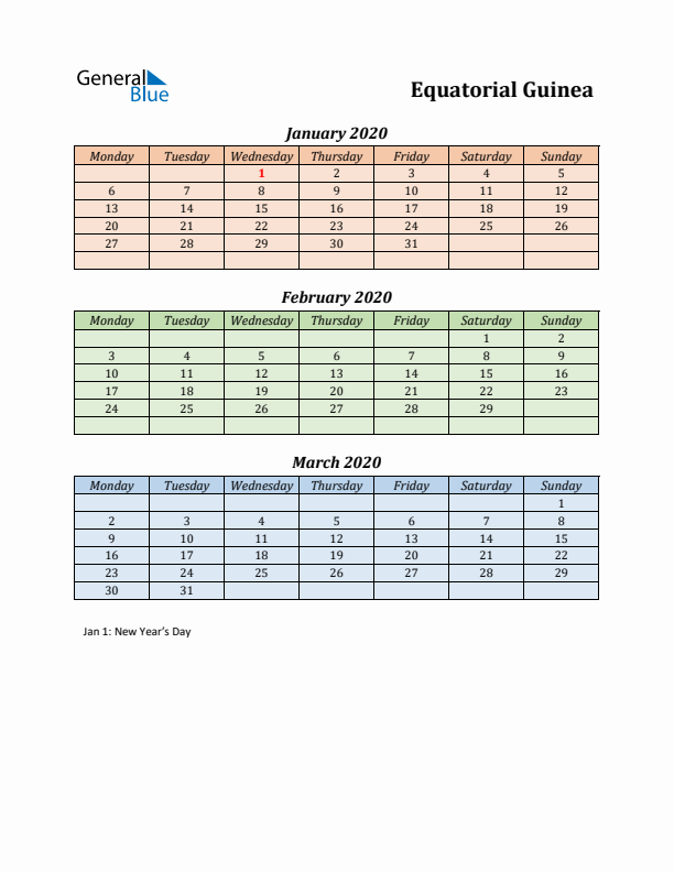 Q1 2020 Holiday Calendar - Equatorial Guinea