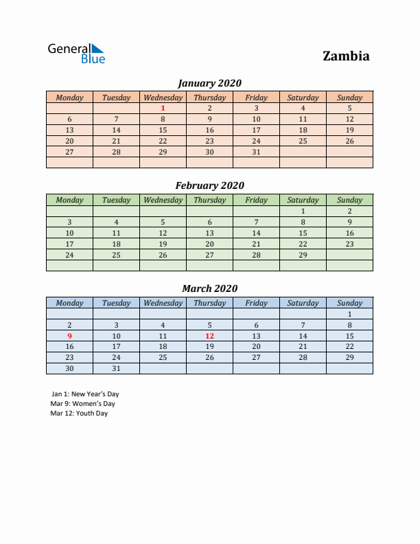 Q1 2020 Holiday Calendar - Zambia