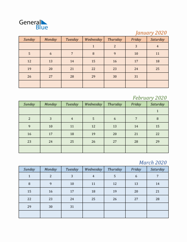 Three-Month Calendar for Year 2020 (January, February, and March)
