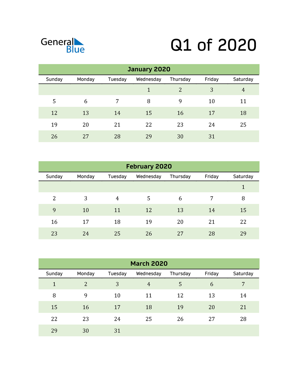  Printable Quarterly Calendar (Q1 2020)