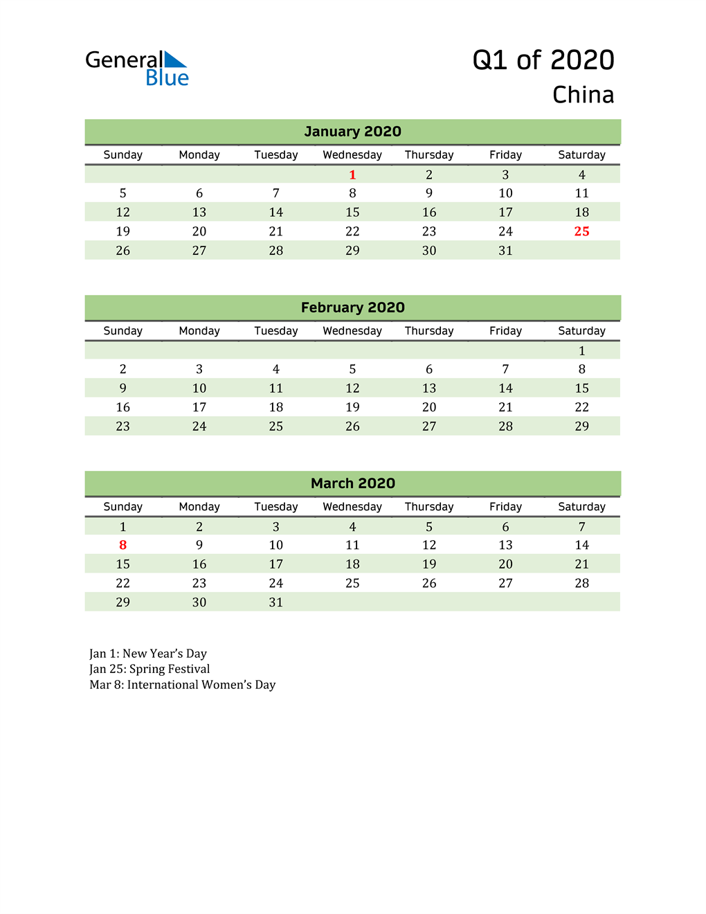  Quarterly Calendar 2020 with China Holidays 