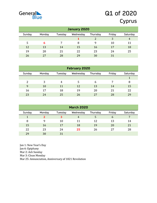  Quarterly Calendar 2020 with Cyprus Holidays 