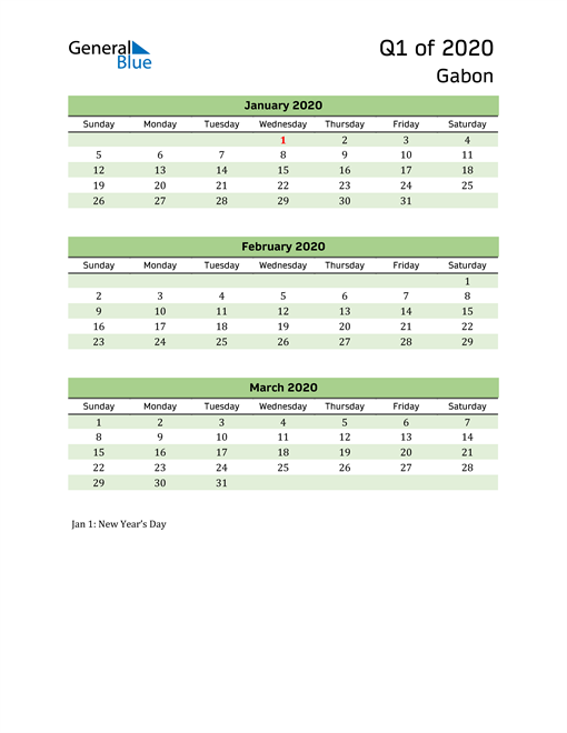 Quarterly Calendar 2020 with Gabon Holidays 