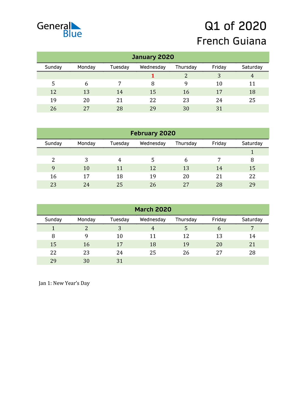  Quarterly Calendar 2020 with French Guiana Holidays 