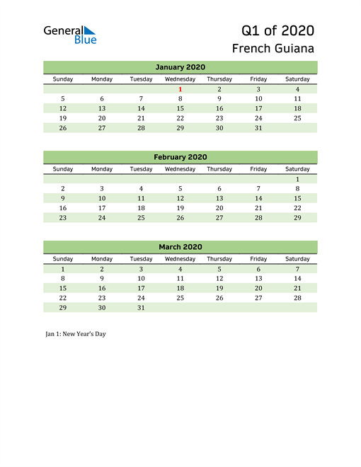  Quarterly Calendar 2020 with French Guiana Holidays 