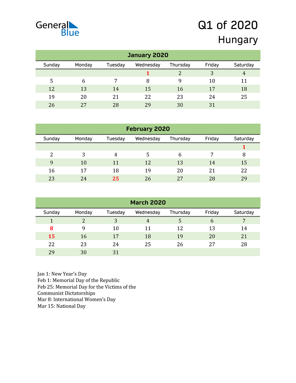  Quarterly Calendar 2020 with Hungary Holidays 
