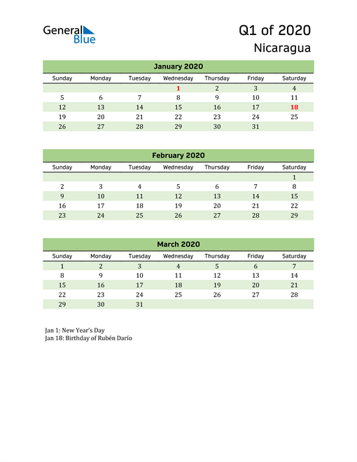  Quarterly Calendar 2020 with Nicaragua Holidays 