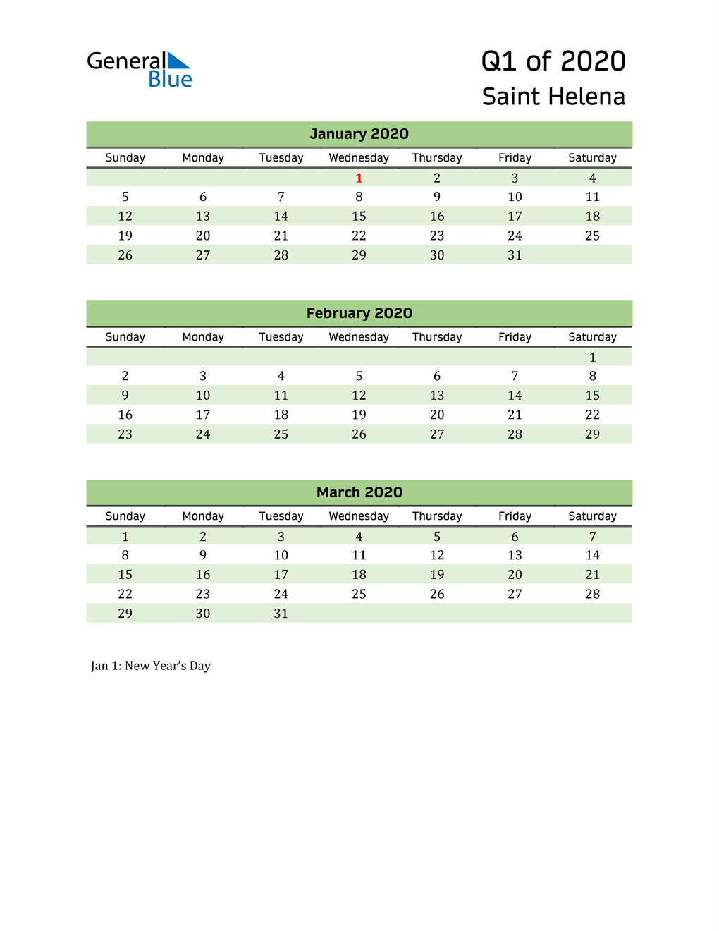  Quarterly Calendar 2020 with Saint Helena Holidays 
