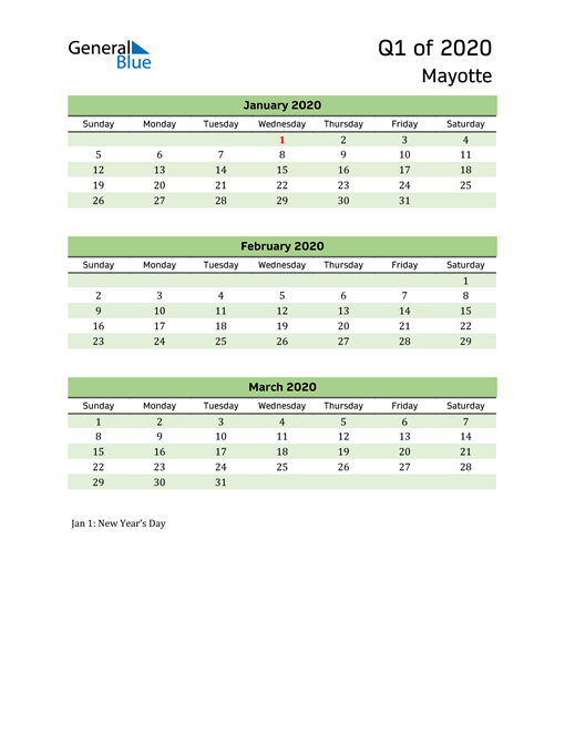  Quarterly Calendar 2020 with Mayotte Holidays 