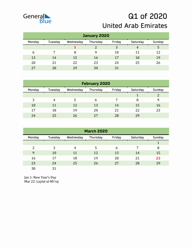 Quarterly Calendar 2020 with United Arab Emirates Holidays