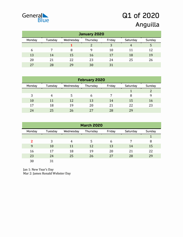 Quarterly Calendar 2020 with Anguilla Holidays
