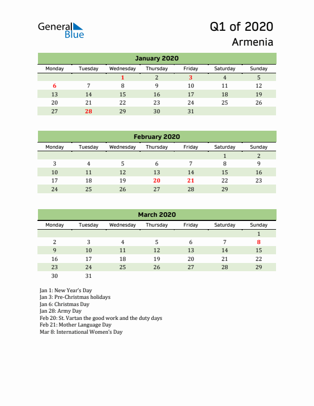 Quarterly Calendar 2020 with Armenia Holidays