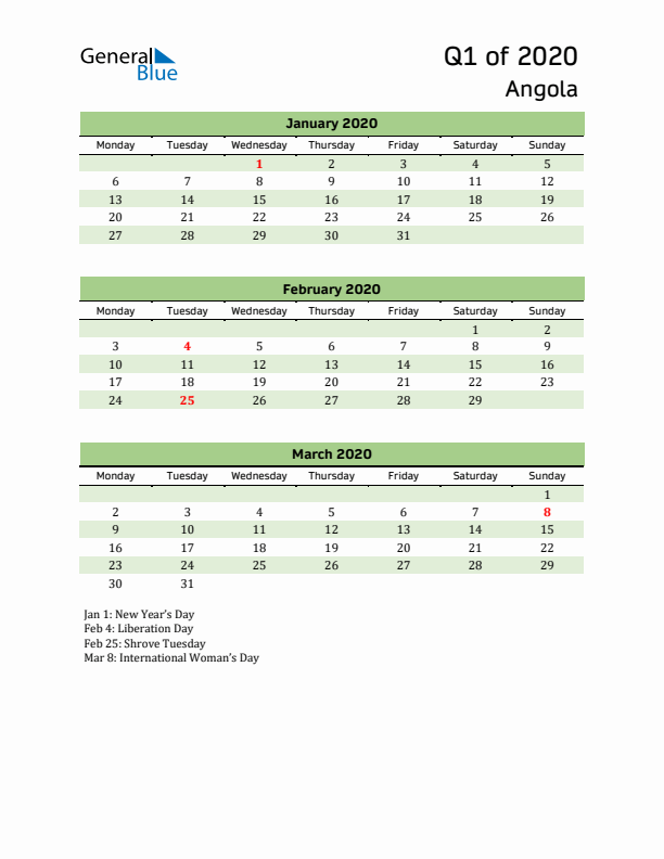 Quarterly Calendar 2020 with Angola Holidays