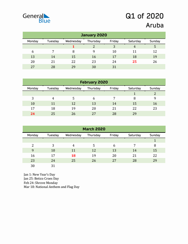 Quarterly Calendar 2020 with Aruba Holidays