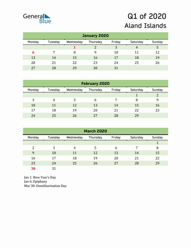 Quarterly Calendar 2020 with Aland Islands Holidays