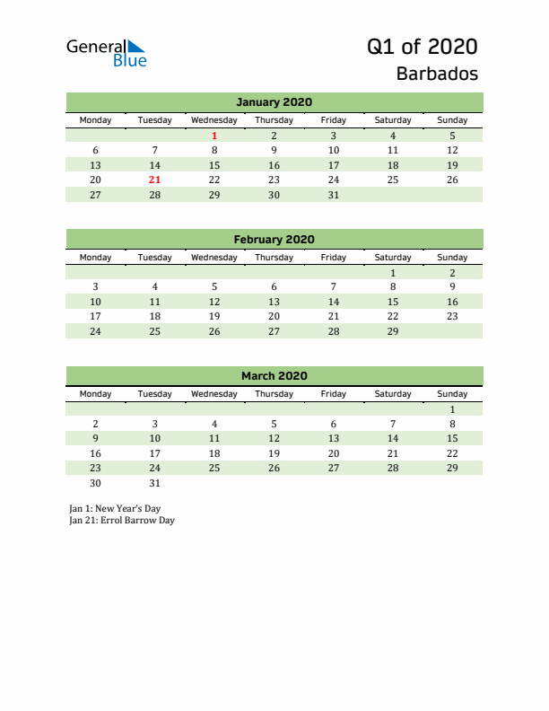 Quarterly Calendar 2020 with Barbados Holidays