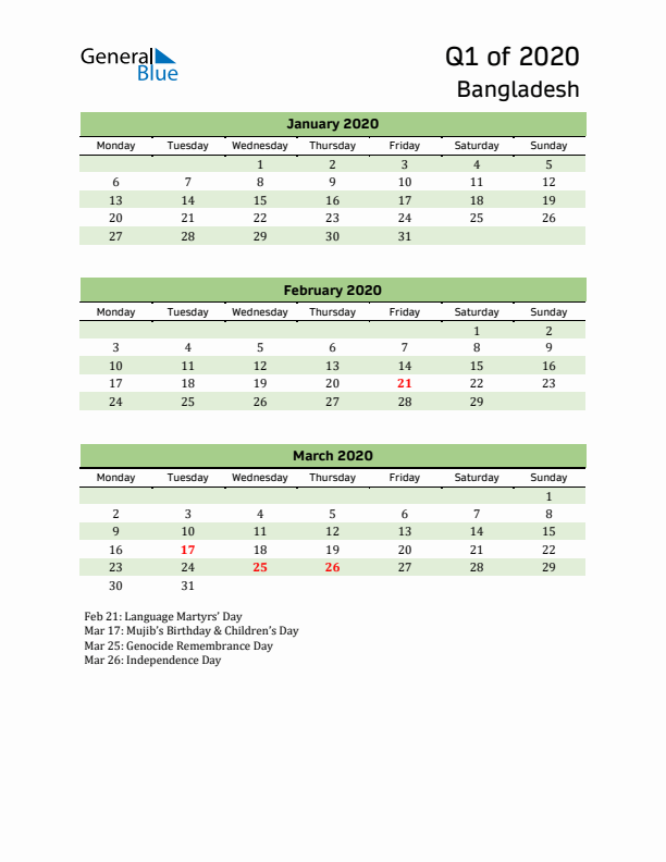 Quarterly Calendar 2020 with Bangladesh Holidays