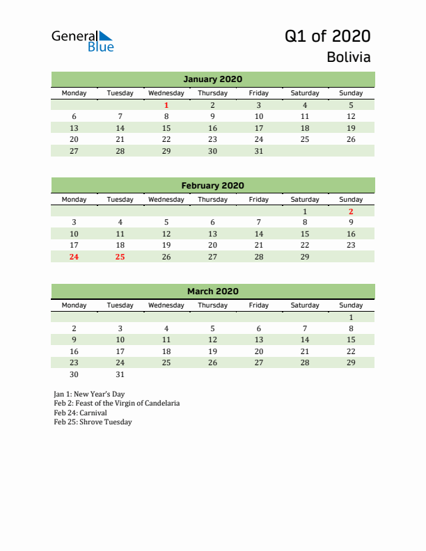 Quarterly Calendar 2020 with Bolivia Holidays