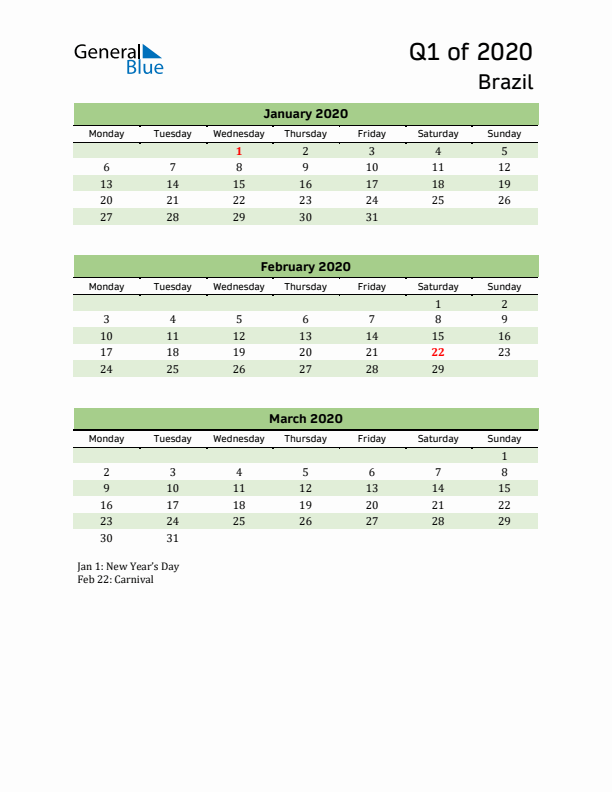 Quarterly Calendar 2020 with Brazil Holidays