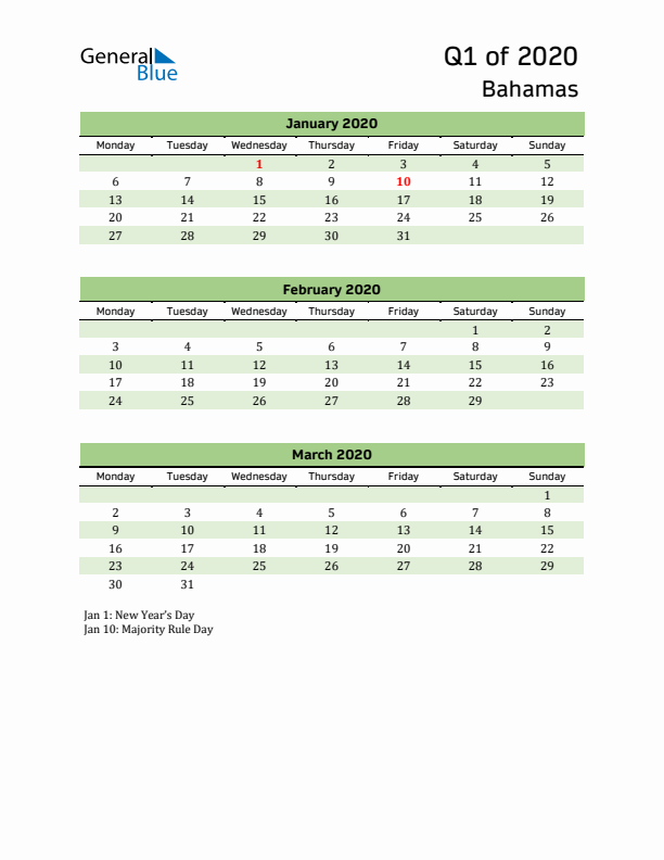 Quarterly Calendar 2020 with Bahamas Holidays