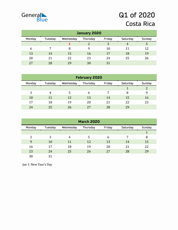 Quarterly Calendar 2020 with Costa Rica Holidays