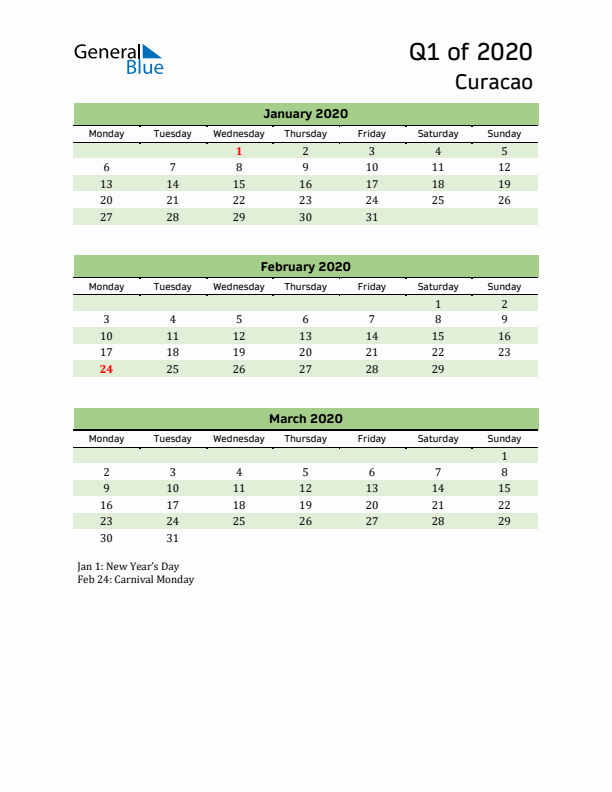 Quarterly Calendar 2020 with Curacao Holidays