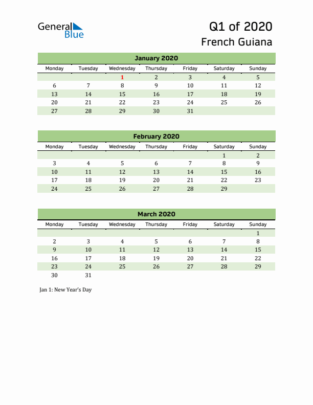 Quarterly Calendar 2020 with French Guiana Holidays