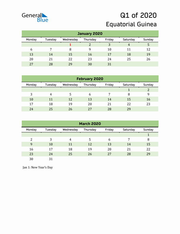 Quarterly Calendar 2020 with Equatorial Guinea Holidays