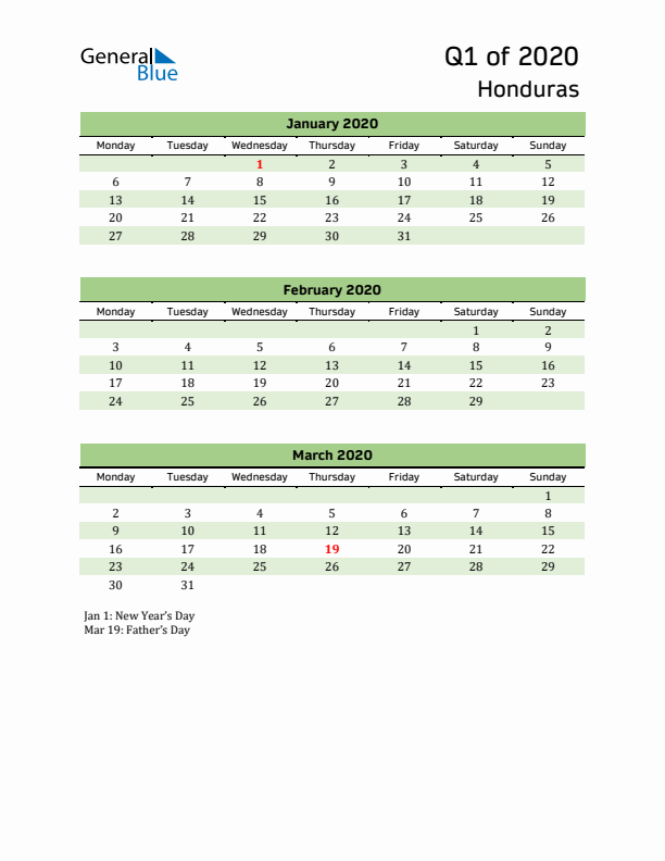 Quarterly Calendar 2020 with Honduras Holidays