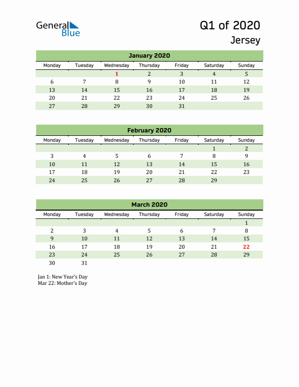 Quarterly Calendar 2020 with Jersey Holidays