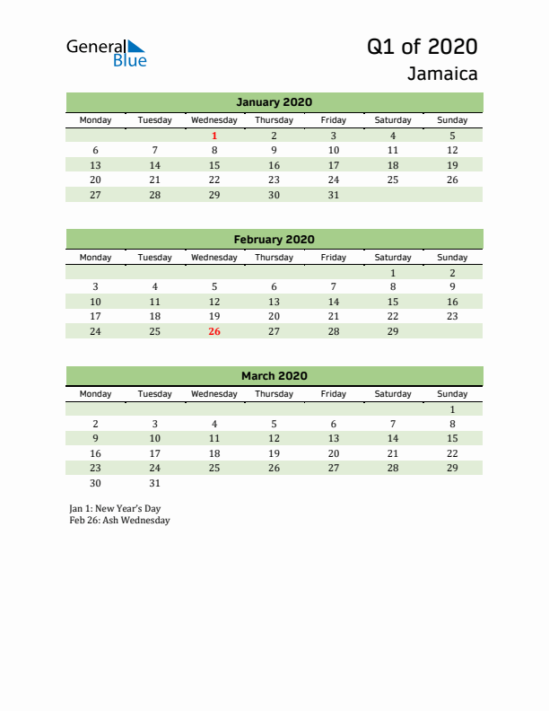 Quarterly Calendar 2020 with Jamaica Holidays