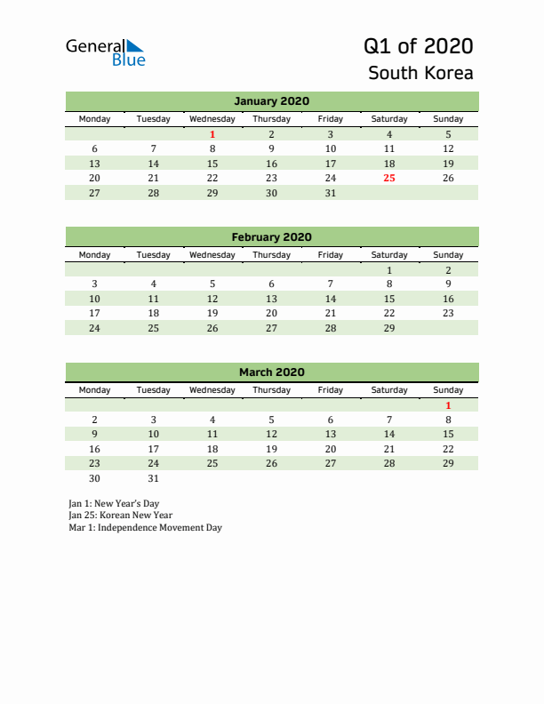 Quarterly Calendar 2020 with South Korea Holidays