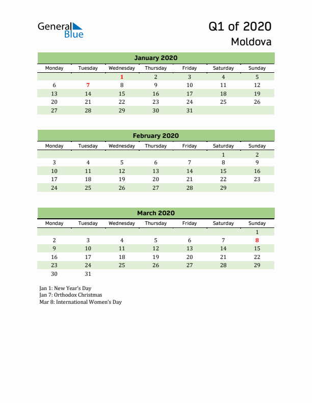 Quarterly Calendar 2020 with Moldova Holidays