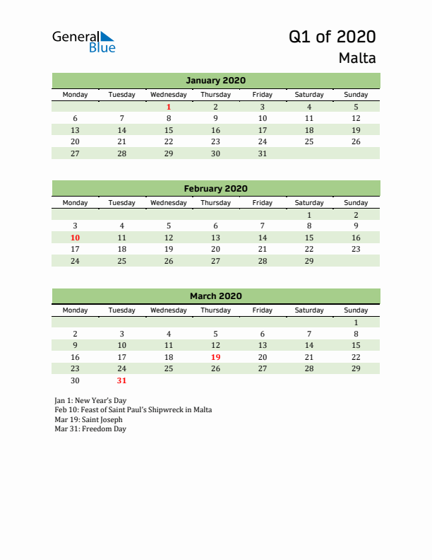 Quarterly Calendar 2020 with Malta Holidays