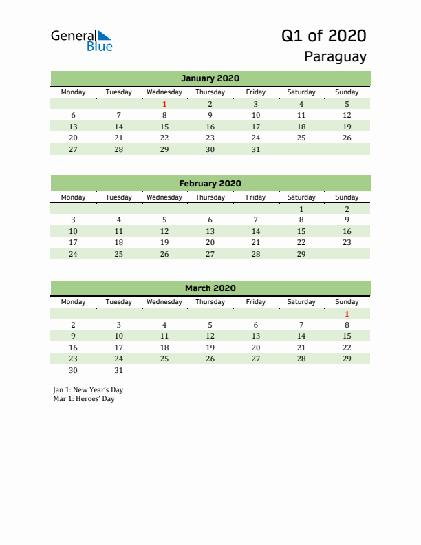 Quarterly Calendar 2020 with Paraguay Holidays
