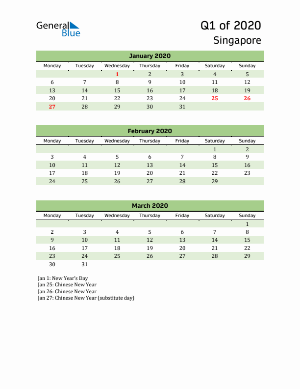 Quarterly Calendar 2020 with Singapore Holidays