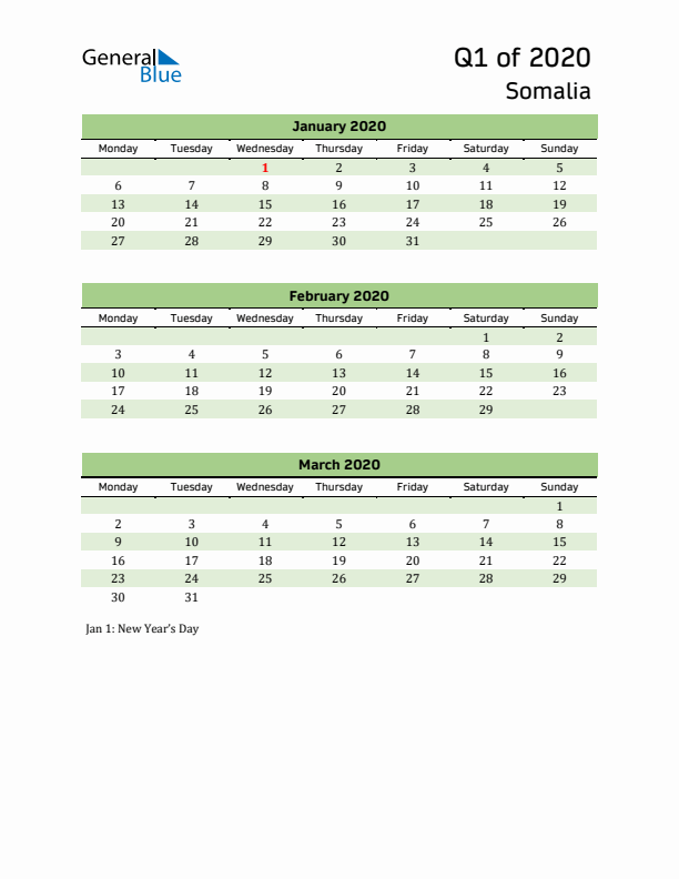Quarterly Calendar 2020 with Somalia Holidays