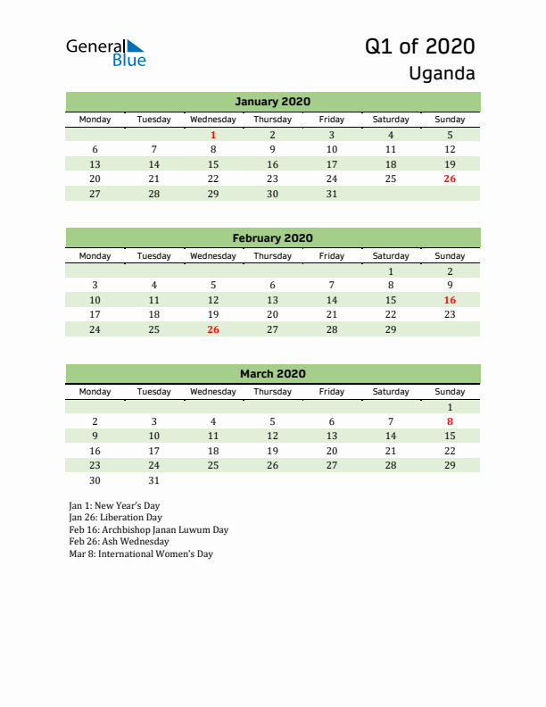 Quarterly Calendar 2020 with Uganda Holidays