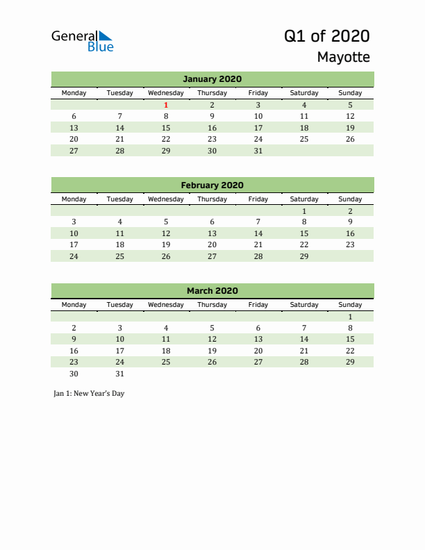 Quarterly Calendar 2020 with Mayotte Holidays