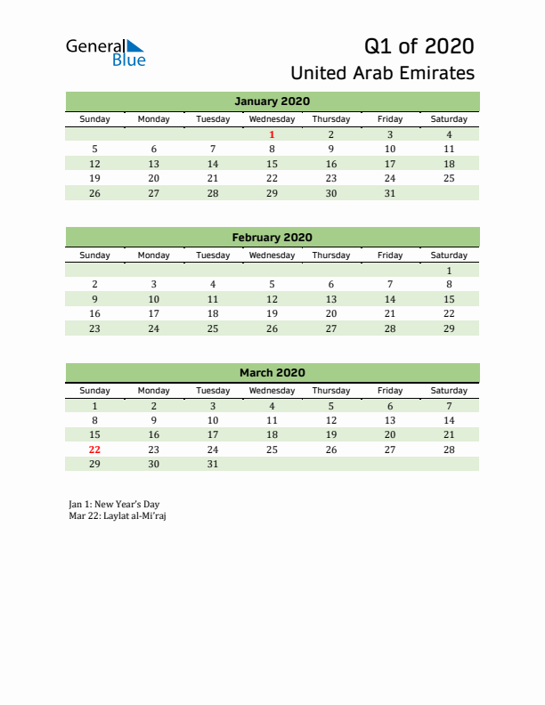 Quarterly Calendar 2020 with United Arab Emirates Holidays