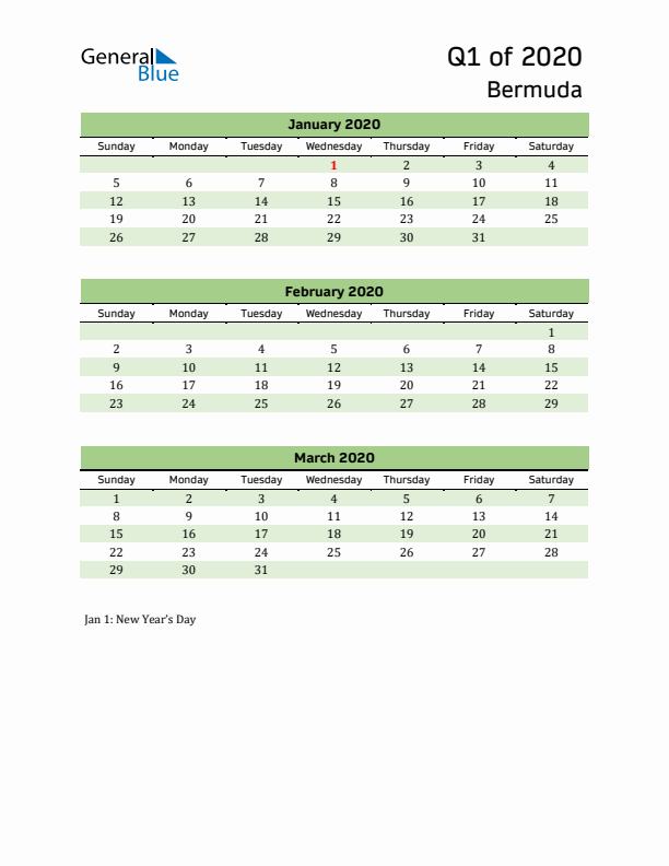 Quarterly Calendar 2020 with Bermuda Holidays