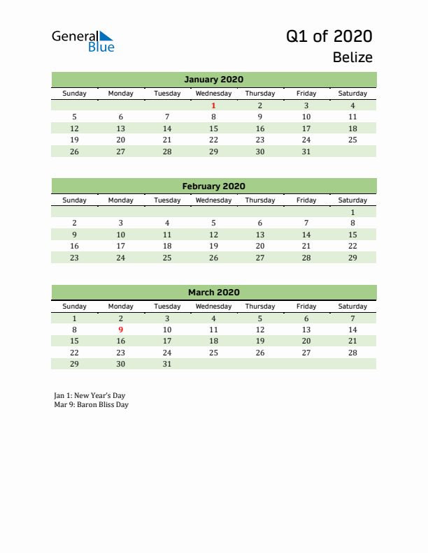 Quarterly Calendar 2020 with Belize Holidays