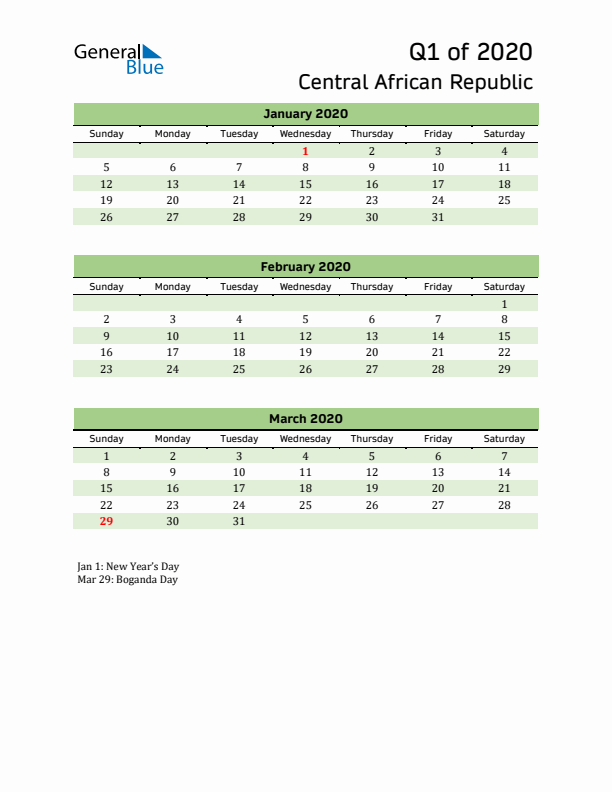 Quarterly Calendar 2020 with Central African Republic Holidays