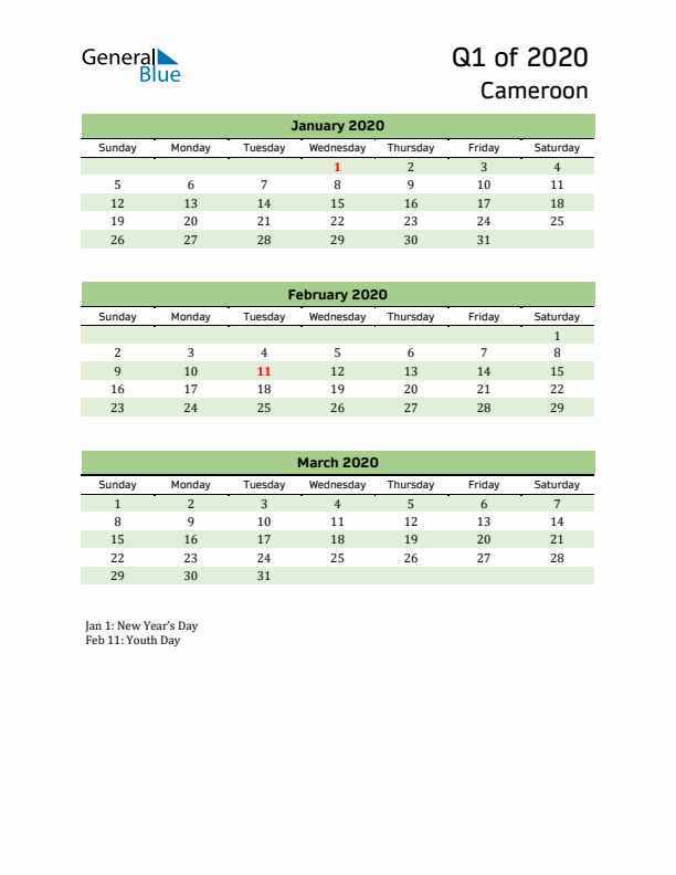 Quarterly Calendar 2020 with Cameroon Holidays