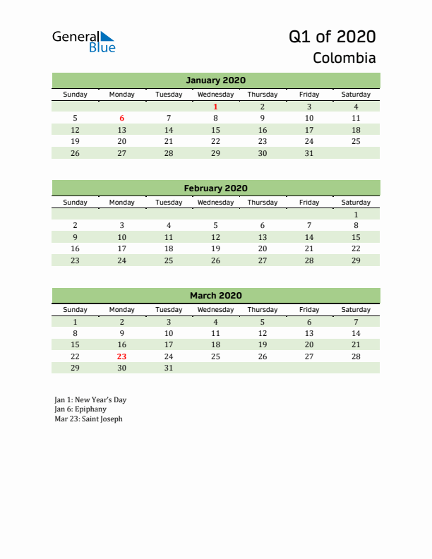 Quarterly Calendar 2020 with Colombia Holidays