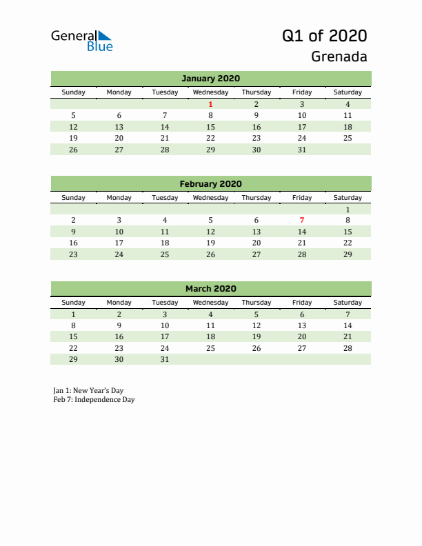 Quarterly Calendar 2020 with Grenada Holidays