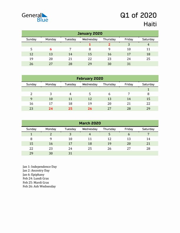 Quarterly Calendar 2020 with Haiti Holidays